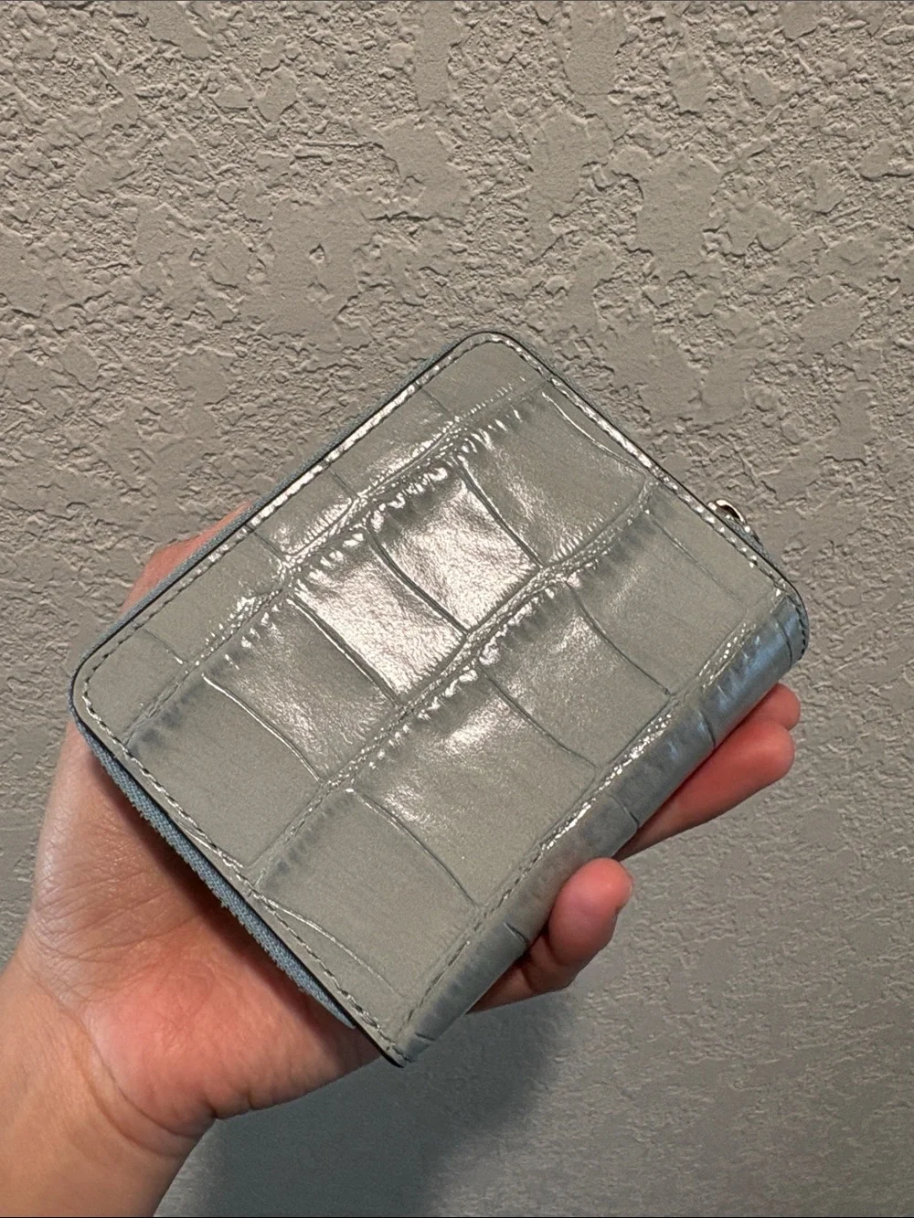 Tory Burch Croc-Embossed Zip Wallet in Pale Gray